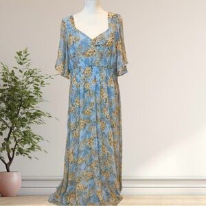 Baltic Born Maxi Dress Floral Gown Sheer Flutter Sleeve and Sweetheart Neckline